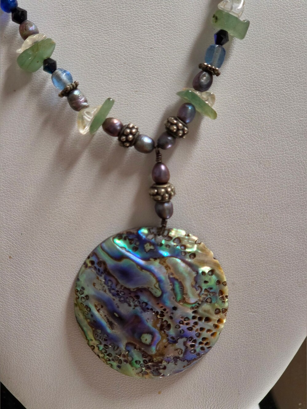 Artisan Abalone Pendant & Peacock Pearls Green Aventurine Quartz Necklace